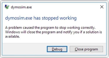 Windows dialog box that opens when a Dymola model executable crashes.