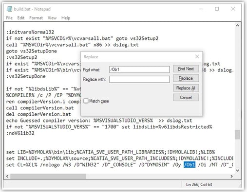 Deleting the /Ob1 entries in the build.bat file copied in your preferred location.