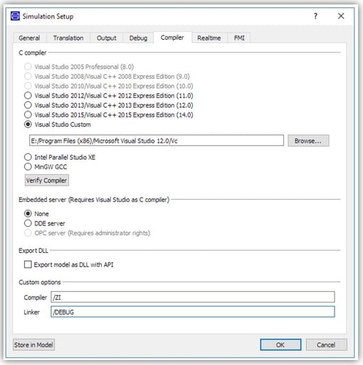 ompiler and linker setting used to create a debug version of dymosim.exe