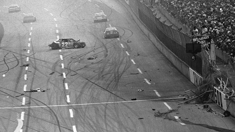 A crash that changed NASCAR. The aftermath of Bobby Allison's airborne crash (due to a tire failure) in 1987 which prompted the introduction of the restrictor plate. Image: Car & Driver.