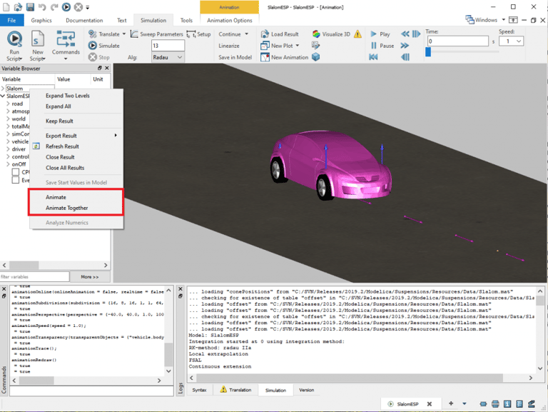 Accessing animation options in the Variable Browser menu to compare animations