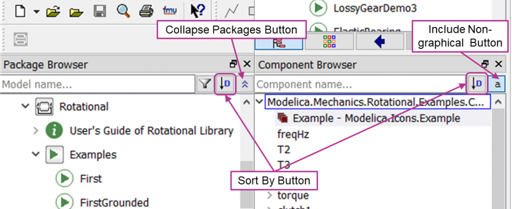 Package and Component Browser buttons interface