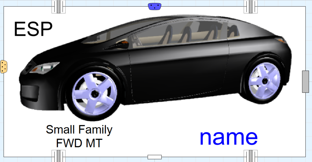 Figure 5: All VeSyMA vehicle models are derived from common templates. This vehicle is extended from the Small Family FWD MT model, with an added ESP system. Addition of the text identifier ESP helps to quickly identify the model type and configuration.