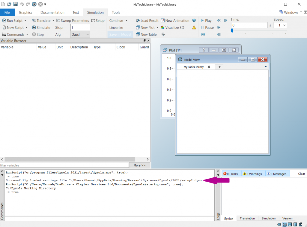 Setup file loading commands in the Dymola command window confirming which setup file was applied on launch