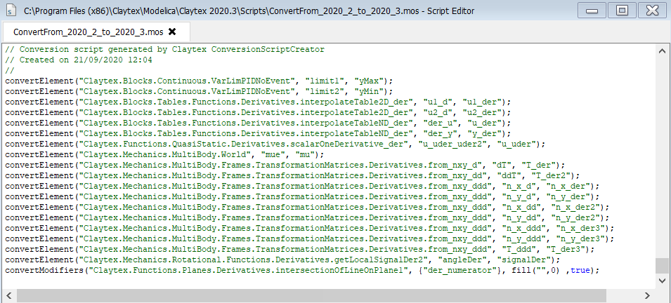 Extract of Claytex Modelica library conversion script for migration between versions