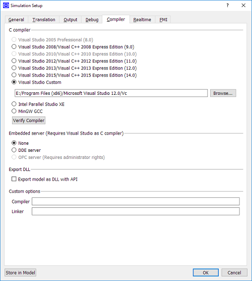 Compiler options on the Dymola > Simulation > Setup...> Compiler tab