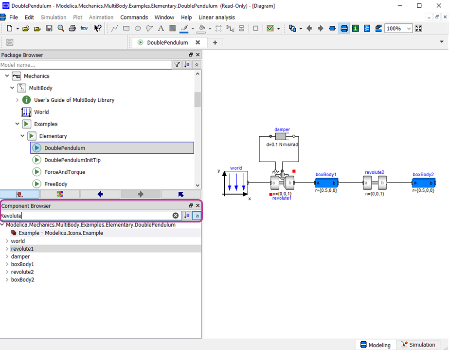 Component Browser filter being used to search the components in a model