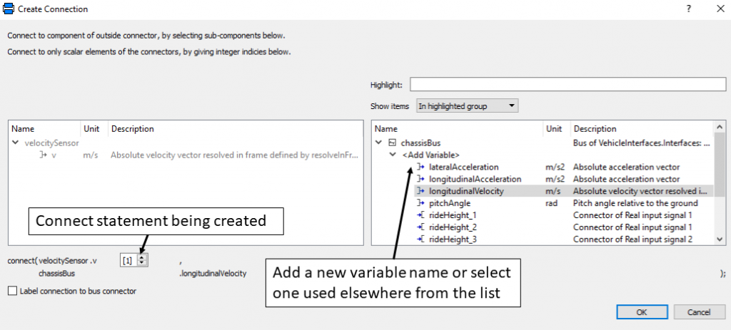 Create Connection dialog used when adding a signal to the Dymola signal bus