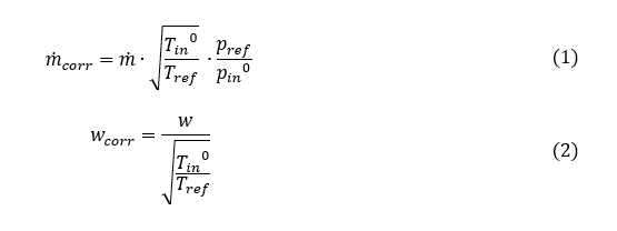 Equations showing corrected mass flow rate and speed variables for compressor modelling in Dymola