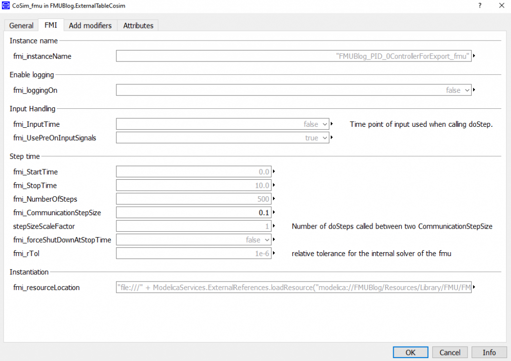 Figure 5. Co-simulation FMU user dialog.