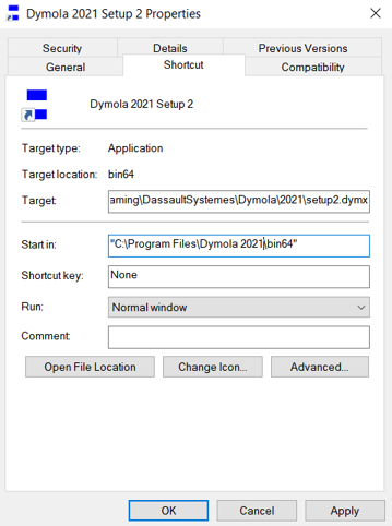 Modifying the shortcut target field to use an alternative Dymola setup file