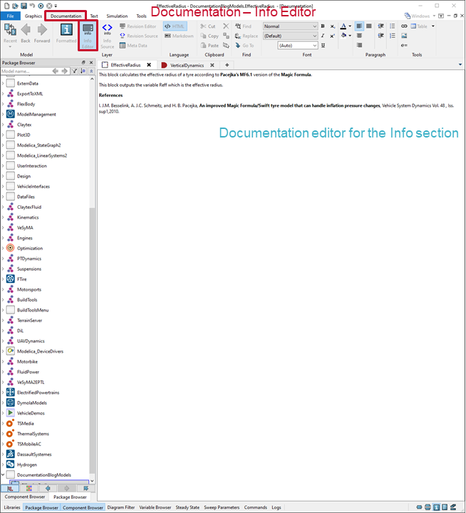 Figure 2: Documentation tab views in Dymola