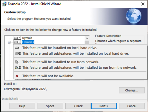 Figure 3: Drop down menu for library installation options