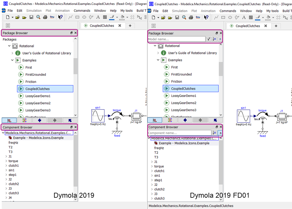 Comparison of the Package and Component Browsers in Dymola 2019 and Dymola 2019 FD01 showing the differences