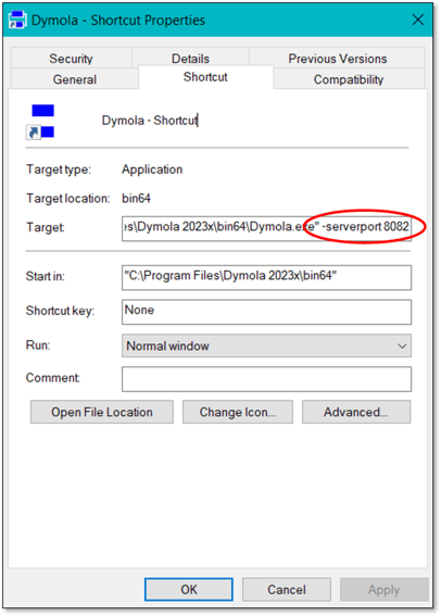 Figure 2: Modifying the Dymola startup command to launch as a server is very simple.
