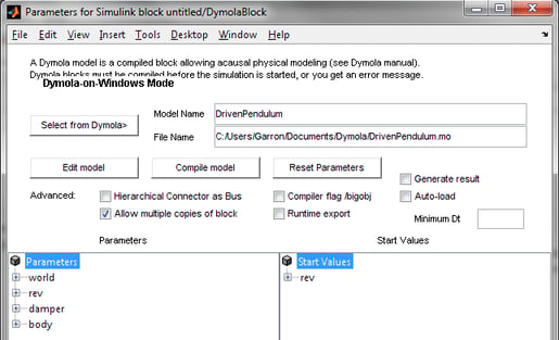 Selecting a Dymola model in the DymolaBlock parameter dialog box
