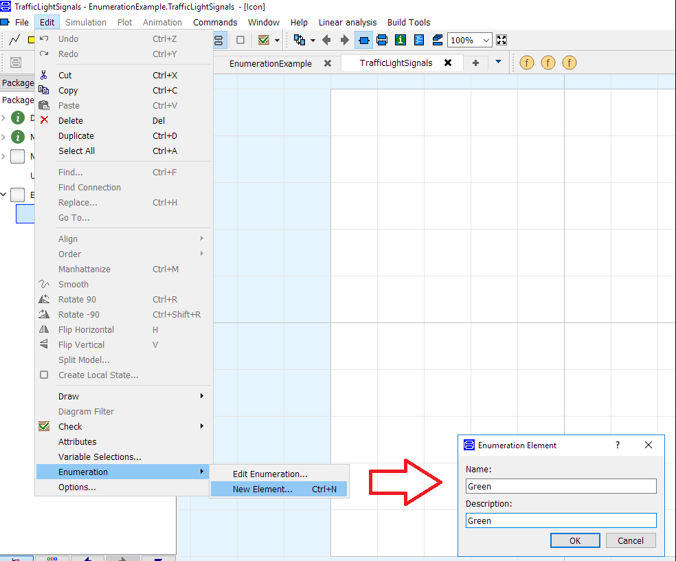 Figure 2. Adding elements to the TrafficLightSignals enumeration type using Edit->Enumeration->New Element.