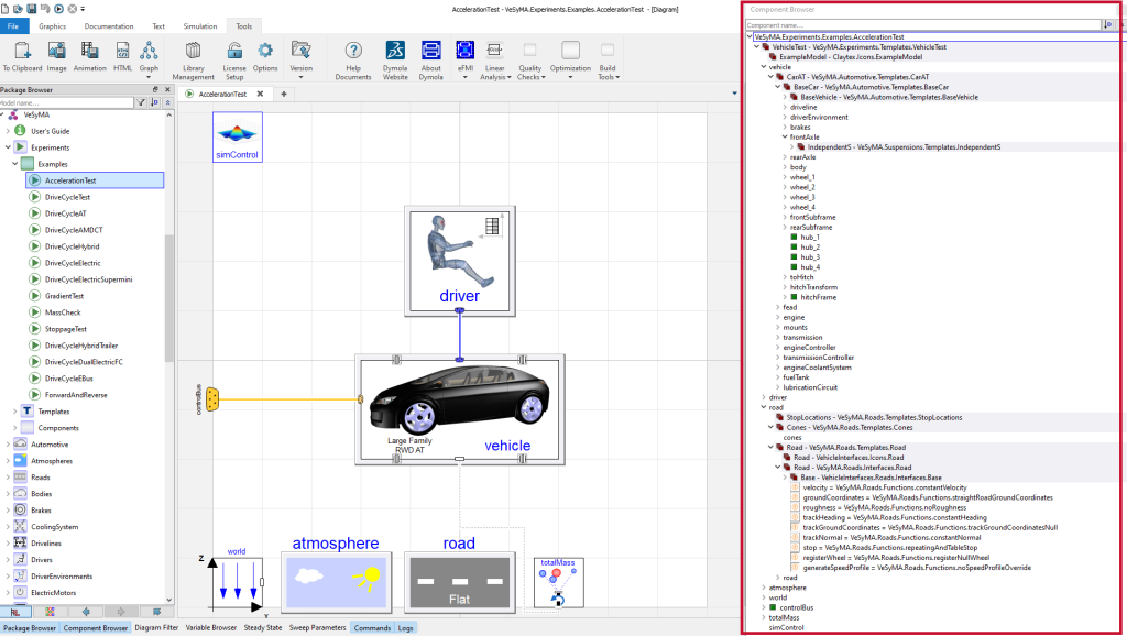 Figure 2: Expanded tree in the component browser for a vehicle experiments (VeSyMA.Experiments.Examples.AccelerationTest), showing many levels within the model.