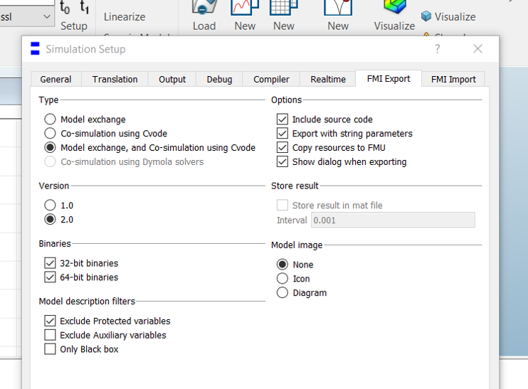 Figure 2: Using the GUI is the simplest way to take an overview of all the FMI export options available in Dymola