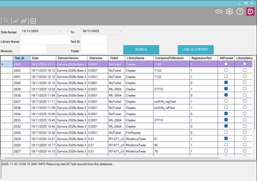 DyMoTest search page for selecting Modelica models to test in Dymola