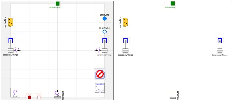 Comparison between the VeSyMA.Engines.Interfaces.Engine template on the left, and the  VehicleInterfaces.Engines.Interfaces