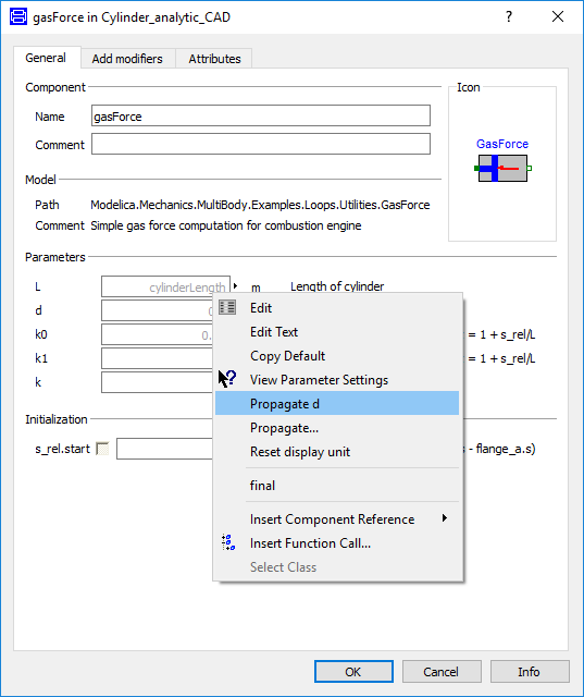 Propagation of cylinder diameter parameter in Dymola