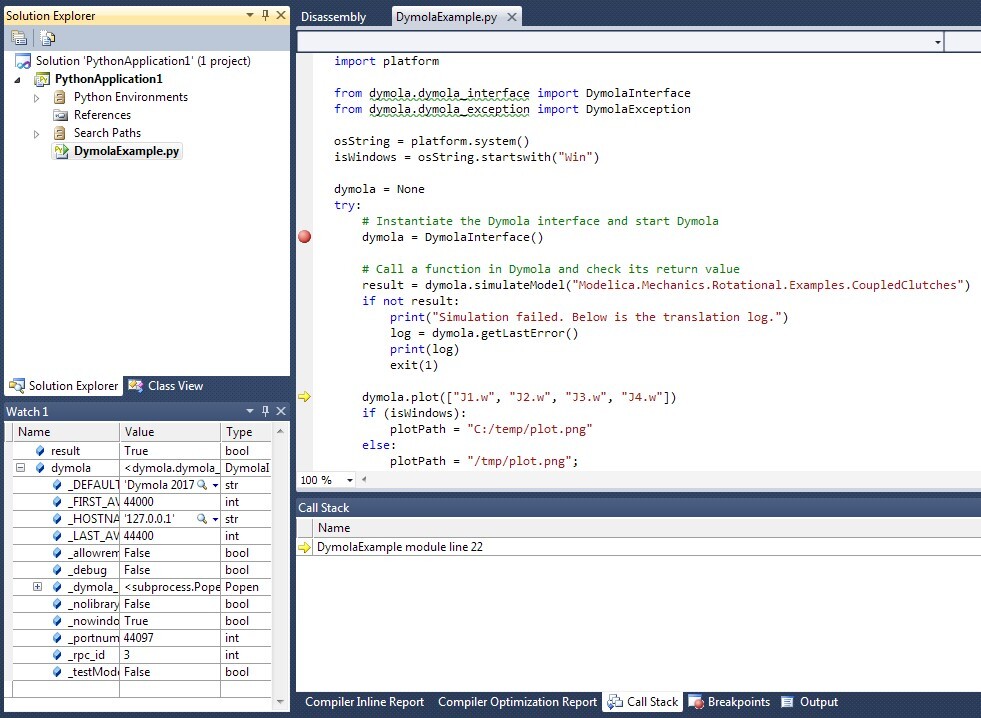 Figure 6. Stepping through the Python code in the Visual Studio environment.