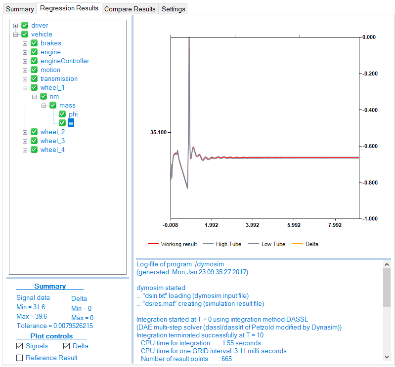 Regression test comparison results display