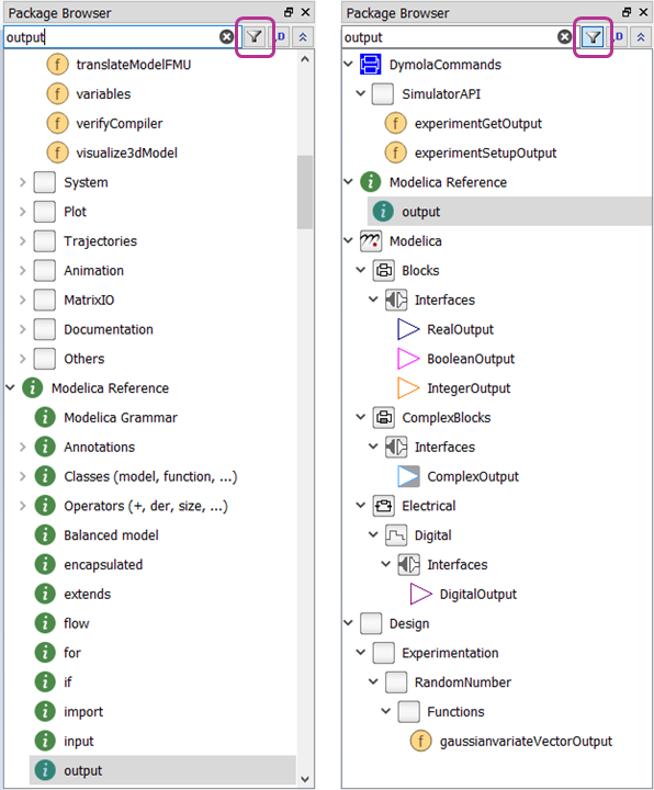 Using the filter field to search the Package Browser and showing only matching classes