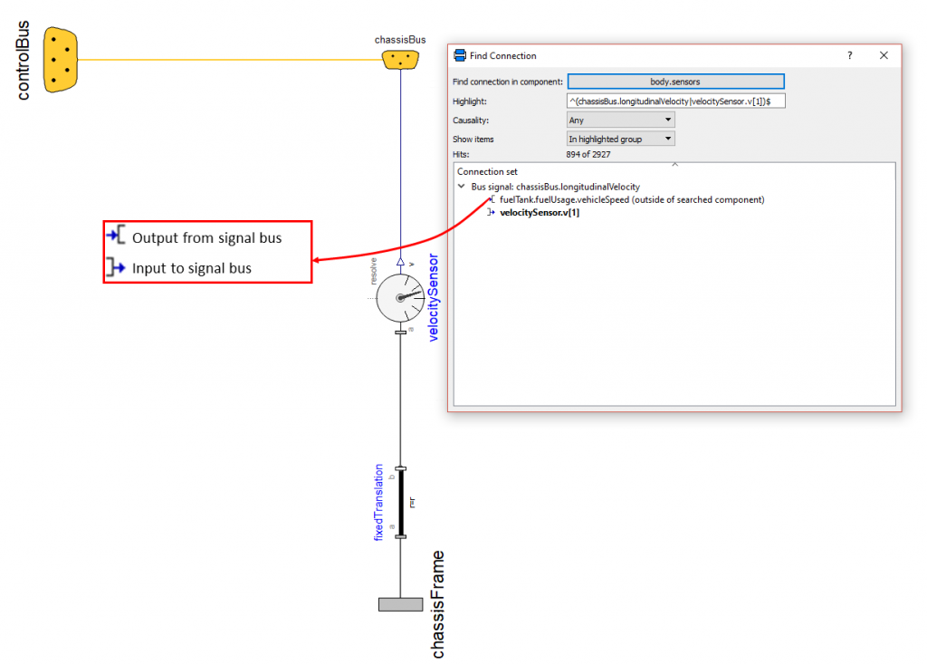 Find Connection feature in Dymola listing the source and use of a signal on the bus