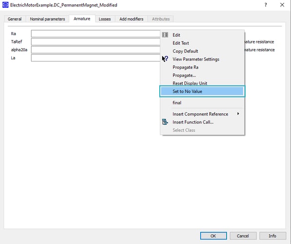 Figure 2: Highlighting the Set to No Value option in the parameters context menu in motor's parameter dialog for removing existing parameter modifications