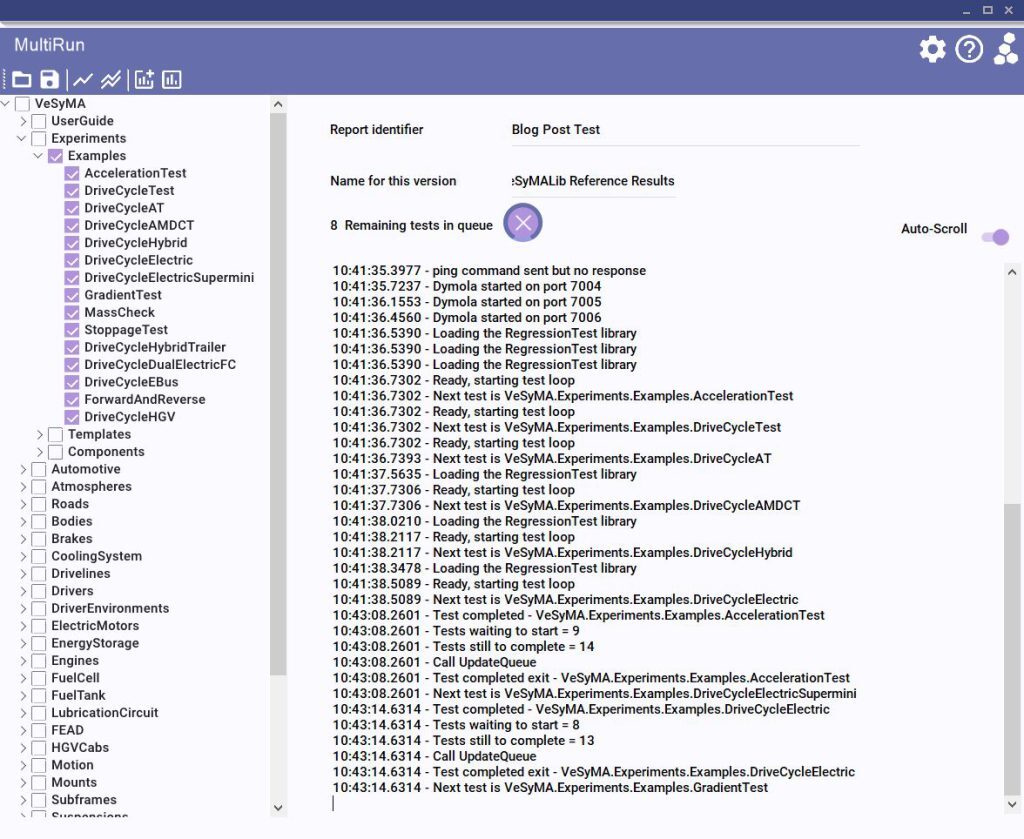 Status of each test case reported in MultiRun window