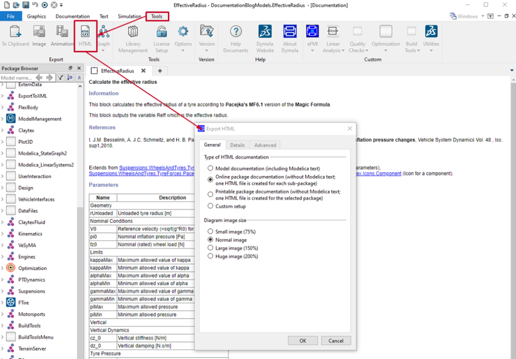 Figure 4: HTML export tool to export documentation from Dymola