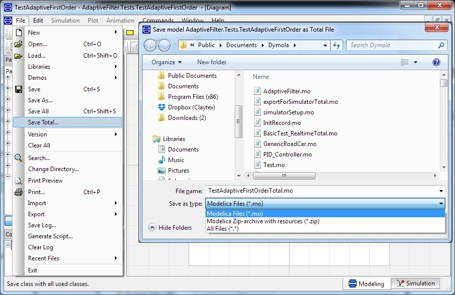 Dymola Save Total option in the file menu