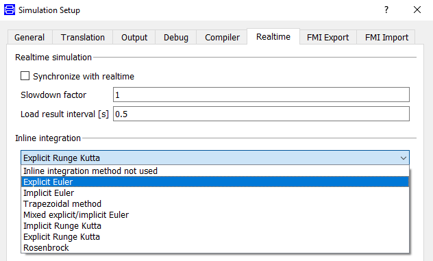 Figure 1.  Inline solver options, these include explicit Euler and explicit Runge Kutta solvers