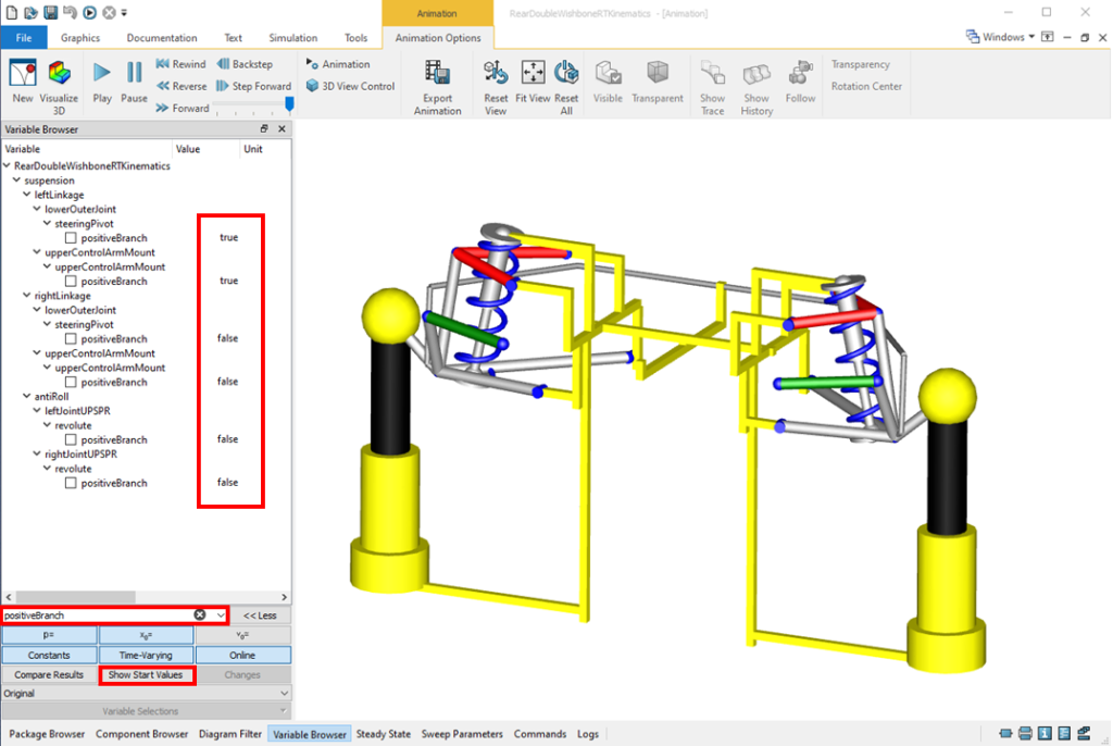 Figure 4 - Kinematic test of a rear double wishbone suspension, showing solutions selection (positiveBranch) values from the algorithm