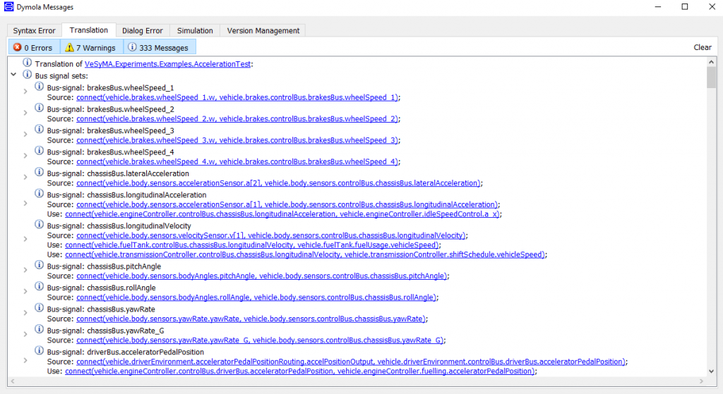 Dymola simulation log showing all bus signals and their origin in the Modelica model