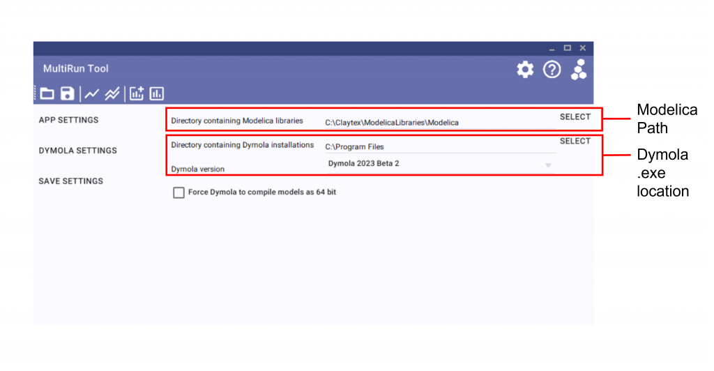 Figure 2: The Settings of the MultiRun tool - Dymola Settings group.