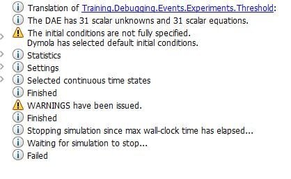 Figure 2. The Translation tab displaying information about the fact that the simulation has been stopped because the max wall-clock time has been reached. 