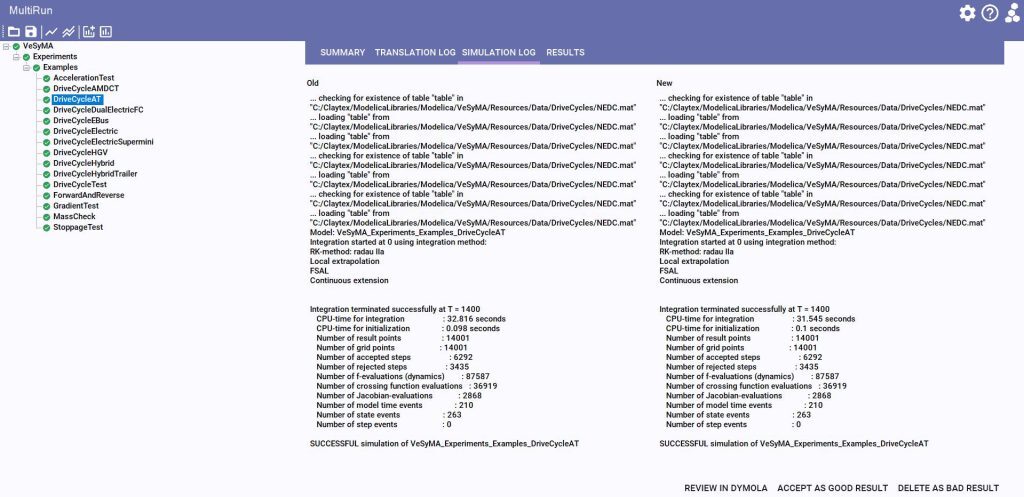 Comparison results between reference and current simulations in MultiRun