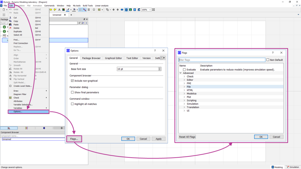 Opening the Boolean advanced flag GUI in Dymola