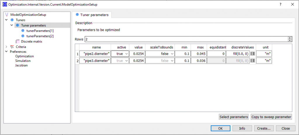 Figure 4: Choosing the parameters to optimize, the start values (first iteration) and the bounds.