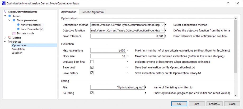 Figure 6: Setting the optimisation method and other optimization related parameters.