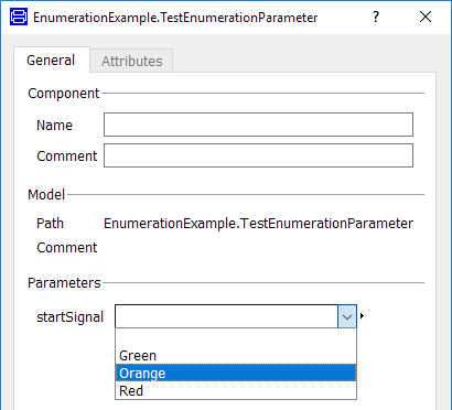 Figure 6. Drop down menu for parameter EnumerationExample.TrafficLightSignals startSignal;