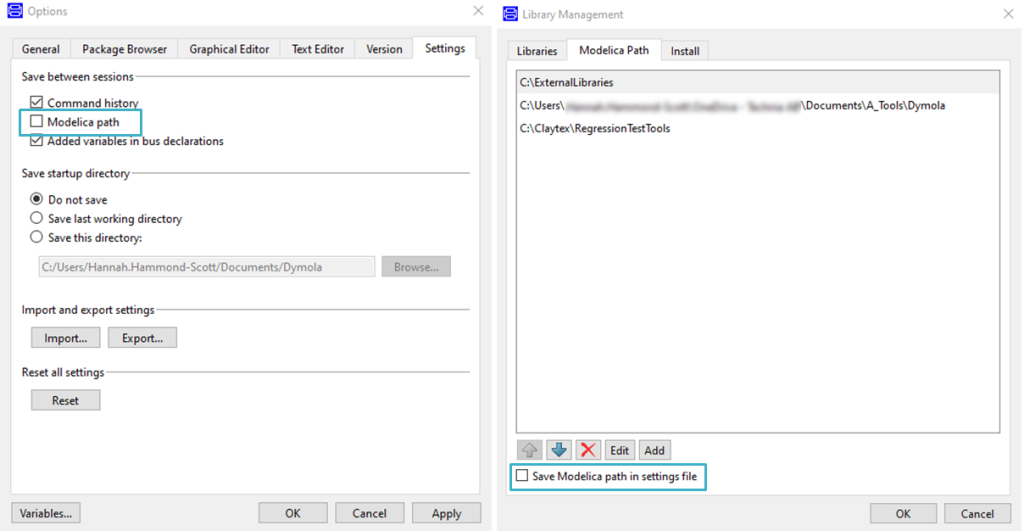 Figure 4: Setting to save the Modelica Path to the setup.dymx file in Tools > Options on the left and Tools > Library Management on the right.