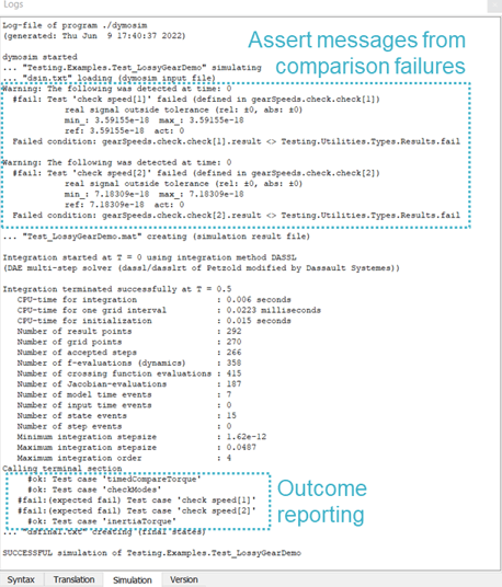Figure 8: Comparison test reporting in the simulation log, including any assert message from comparison failures