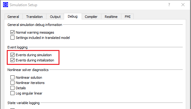 Event logging options in the Dymola Simulation Setup