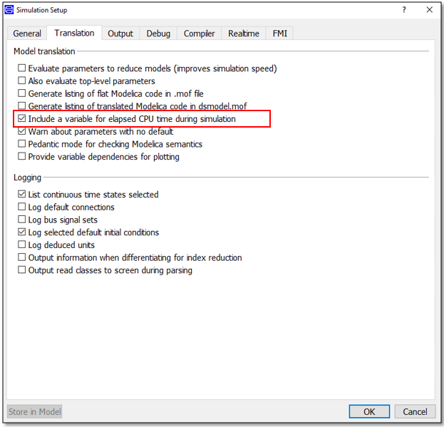 Translation tab of the Simulation Setup dialog box in Dymola