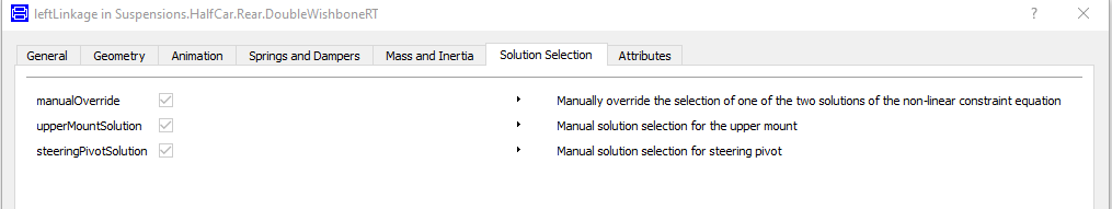 Figure 3 - Additional solution selection parameters in the parameter dialog when using aggregate joints, in Suspensions.QuarterCar.Rear.DoubleWishboneRT