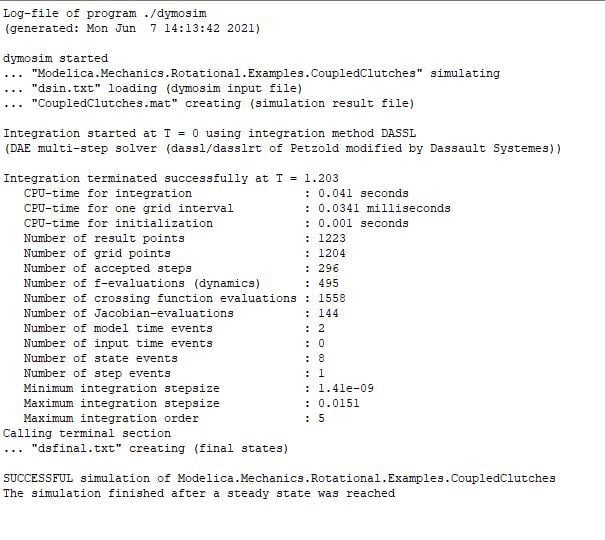 Figure 4. Message in the Simulation tab to notify the user (last line) that the Simulation terminated early because a steady state of the state derivatives has been reached.